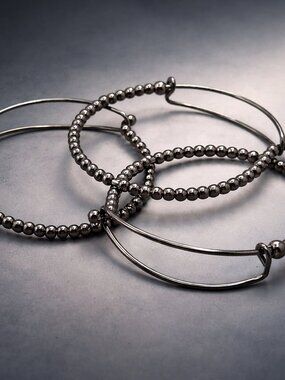 Adjustable Gunmetal beaded Stacking bangle bracelets - set of 3